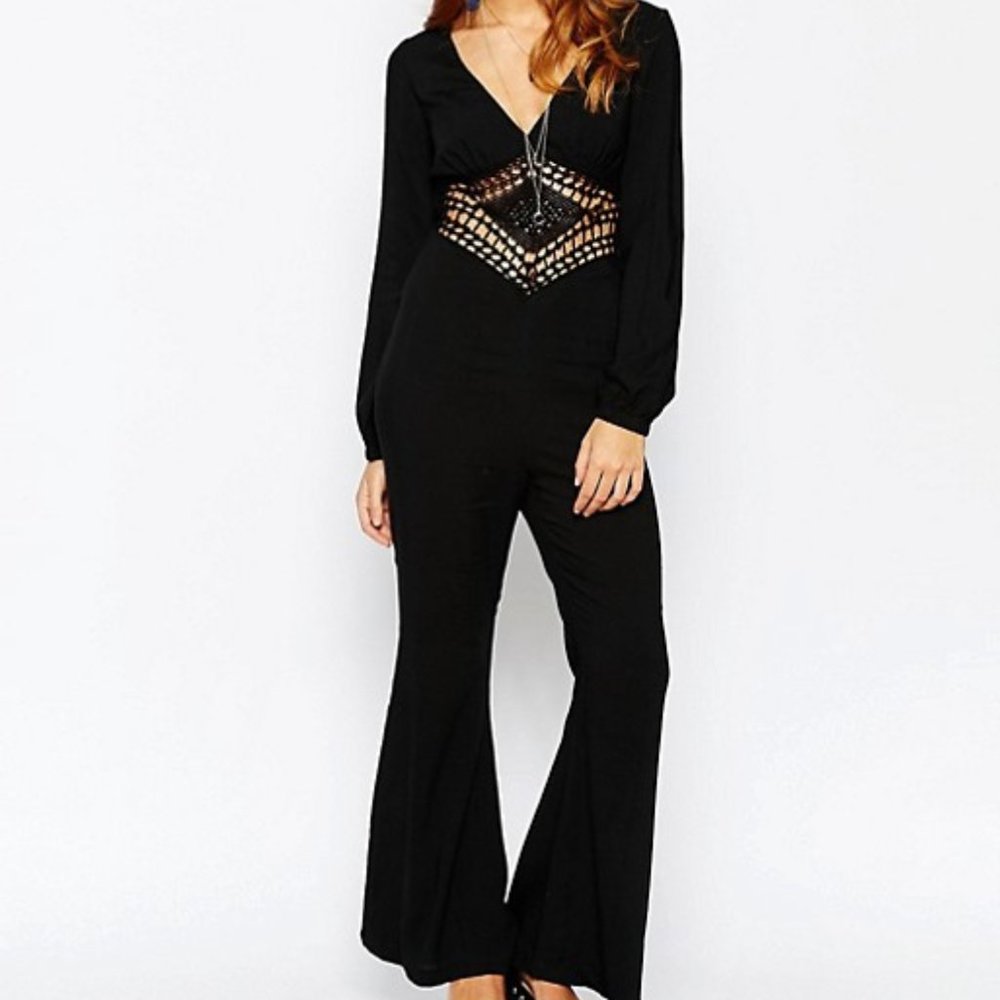Black Flared Jumpsuit with Crochet Insert NEW